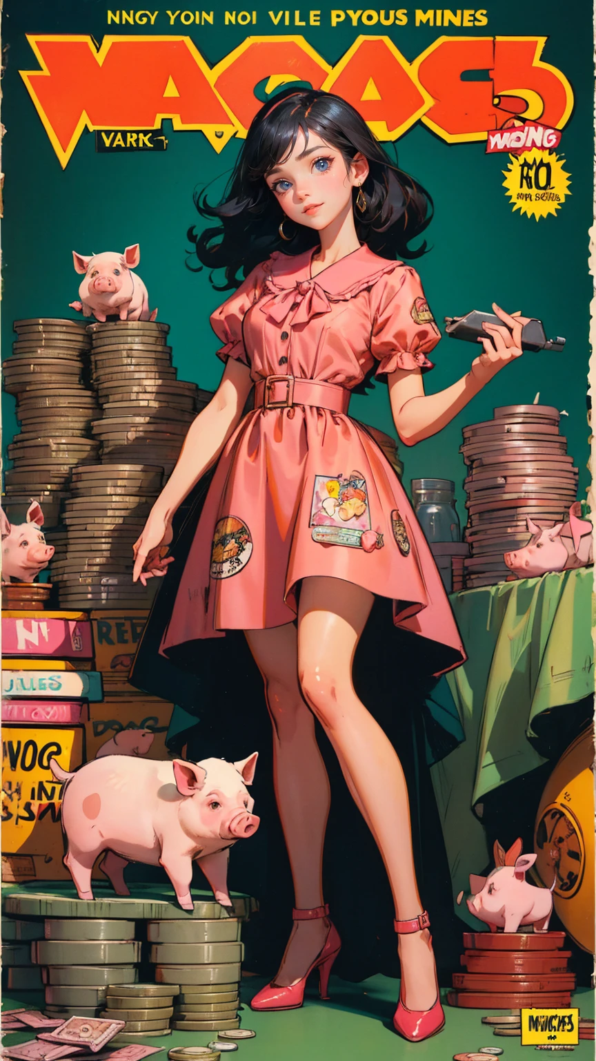 A cartoonish  girl holding up an advertising sign that says "onward to big money, buy high, sell low". she is standing on top of piles of coins and piggy banks. The background has broken stock market charts and small pink pigs laying around her . In the style of vintage comic book cover art in the style of Alex Ross. Dark reds, yellows, oranges, greens, blues, black tones. full girl in image