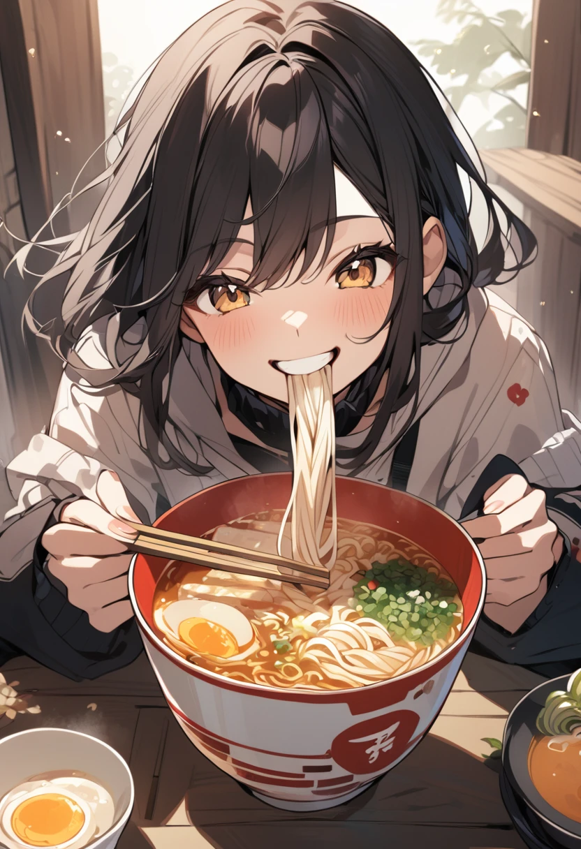A girl is eating ramen with a smile