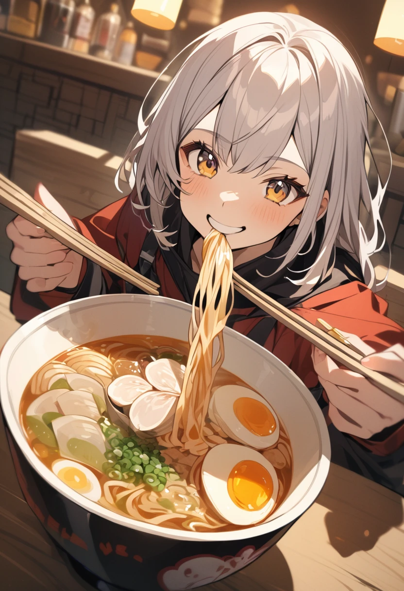 A girl is eating ramen with a smile