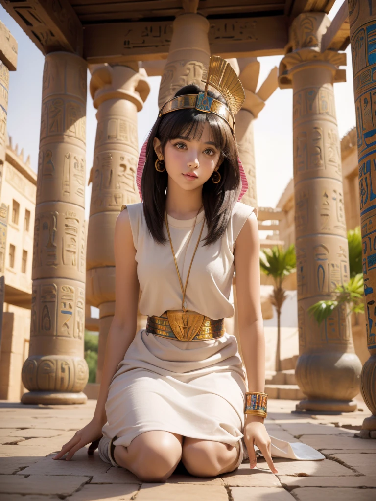 Cute ancient Egyptian princess、Colorful temples of ancient Egypt、The colorful streets of ancient Egypt、Artistic、detailed、Hemp clothing