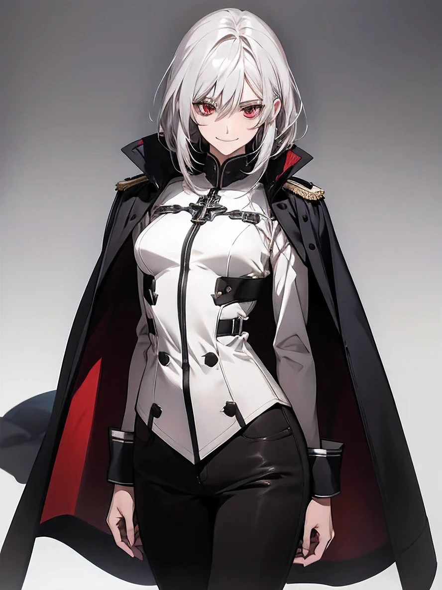 (Confused, High resolution, Very detailed), 1 female, Silver Hair,Shortcuts,Bright red eyes,White and black military uniform,24th generation,beauty,mature,thin,quiet,Calm,A small smile,A kind smile,Embarrassed smile,In front of the person I like,Long Cape,Slender and thin,boots,skinny pants,grassland,Small breasts,