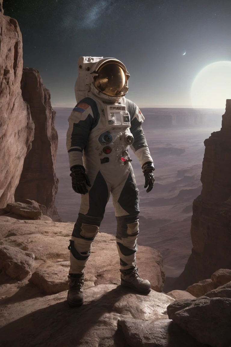 cinematic film, Realistic photograph, An astronaut stands at the edge of a daunting canyon on Mars, gazing into the vast chasm that stretches before him under the starlit sky. The night is illuminated by the distant stars and the faint light of the planet, casting long shadows across the Martian landscape. The steep and rugged walls of the canyon seem insurmountable, and the astronaut, clad in his spacesuit, screams into the void, a mix of awe and exasperation evident in his expression. The Martian terrain, scattered with rocks and shadows, adds to the atmosphere of mystery and the challenges of space exploration. ,shallow depth of field, vignette, highly detailed, high budget, bokeh, cinemascope, moody, epic, gorgeous, film grain, grainy,