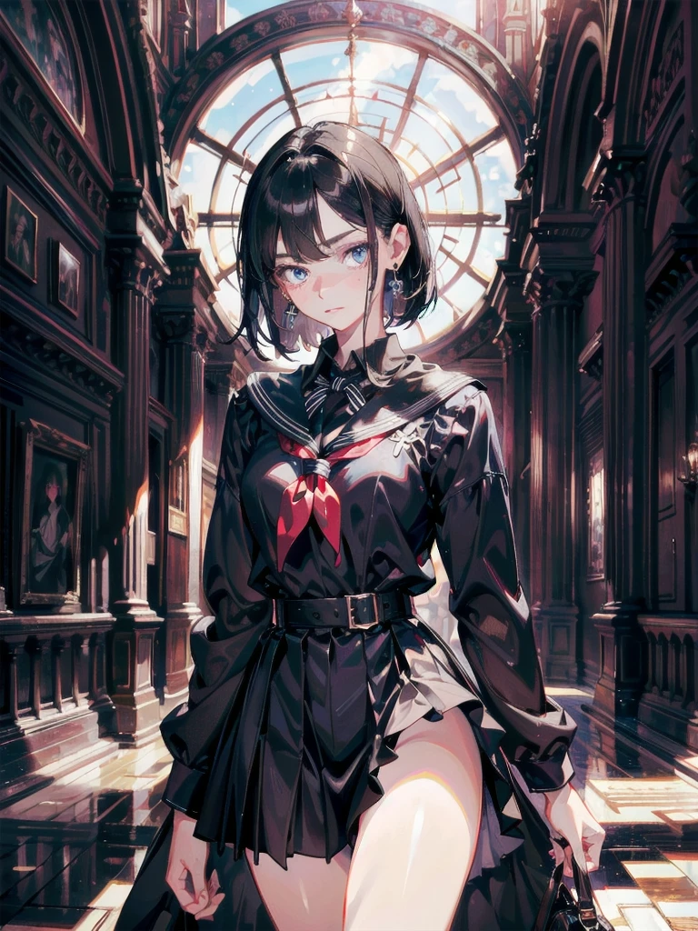 absurdres, RAW photo, extremely delicate and beautiful, masterpiece, Best Quality, ultra high resolution, 32k, hyperrealistic, ultra-detailed, perfect anatomy, anatomically correct, perfect figure, Perfect Style, Perfect balance, super Detailed skin, in her 30s, very Slim body, narrow waist, very small head, very small face, delicate facial features, handsome detailed woman, very detailed eyes and face, realistic face proportions, Realistic beautiful face, Realistic beautiful eyes, tearful mole, earring, big tits, whole body shot, medium hair, outdoor, (school_uniform:1.2), skirt, dress shirt,