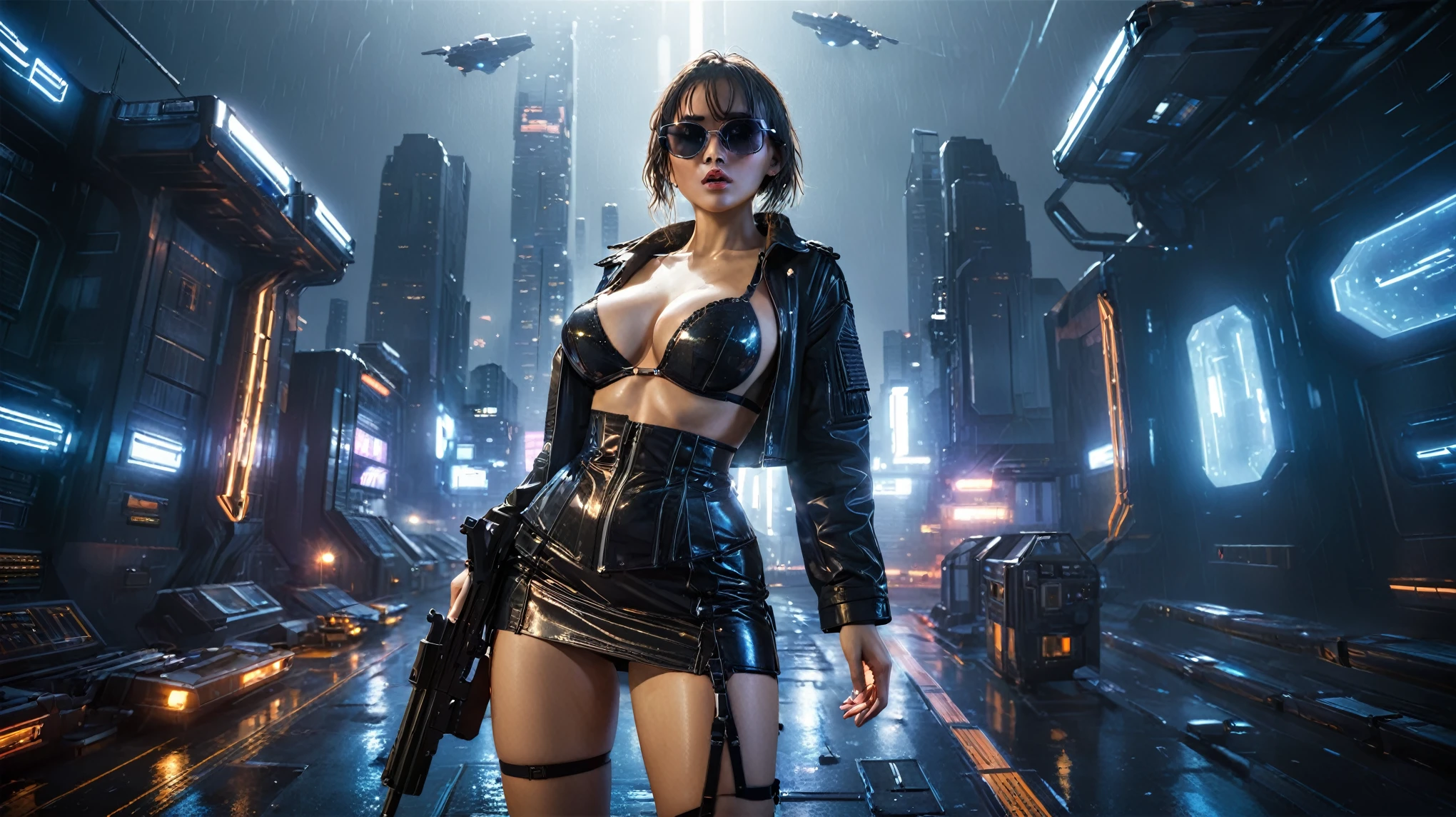 (((aerial view))), Blade Runner style futuristic space station platform, flying cars, neon lights, rainy night. (1girl, solo, alone), large-breast:1.2 slim body, cleavage:1.1, sexy laced lingerie, low angle view miniskirt, jacket, (black sunglasses), (((she raised a pistol:1.8 and shot the viewer))), dynamic pose, (((half-body thigh level medium shot))), cinematic lighting, lens flare, ray tracing.