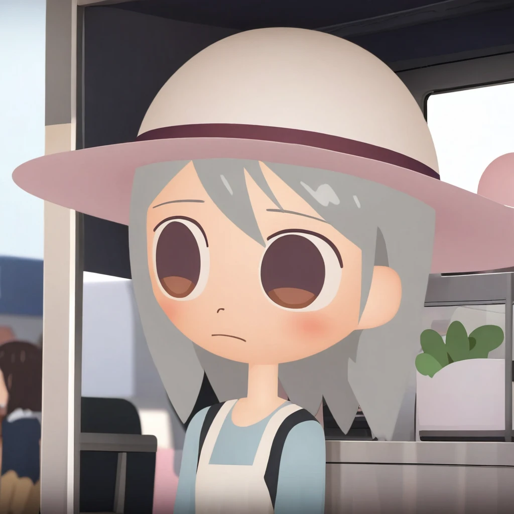 masterpiece, ultra detailed, 8K,  (Cute a girl:1.5), 
(masterpiece:1.3), anime visual,pale silver middle hair,Hair between the eyes,brown eyes, (Lovey-dovey:1.5), (tilt head:1.3), extremely delicate face, soft clean focus, realistic lighting and shading, (an extremely delicate and beautiful art:1.3), elegant, (muted colors:1.1), small breast,slim,White brim, white maid uniform, A food truck set up on the back of a light truck, a girl waiting in line,
