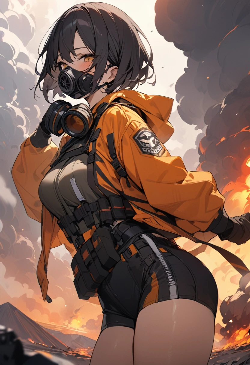Woman wearing gas mask、danger zone、Near the volcano、Gas is boiling、((masterpiece,Highest quality)),One girl,Beautiful attention to detail,Short Hair、Dynamic composition