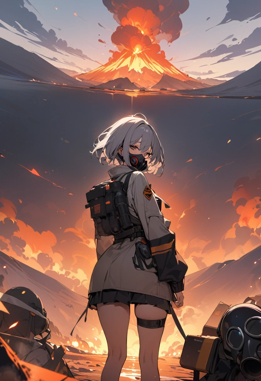Woman wearing gas mask、danger zone、Near the volcano、Gas is boiling、((masterpiece,Highest quality)),One girl,Beautiful attention to detail,Short Hair、Dynamic composition
