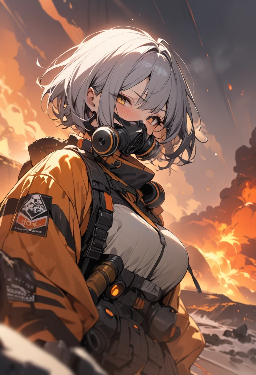 Woman wearing gas mask、danger zone、Near the volcano、Gas is boiling、((masterpiece,Highest quality)),One girl,Beautiful attention to detail,Short Hair、Dynamic composition