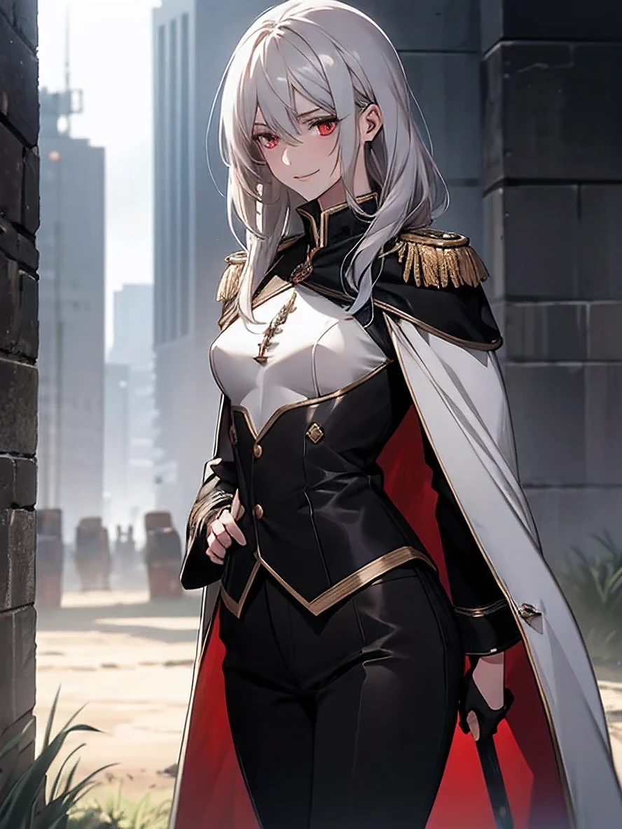 (Confused, High resolution, Very detailed), 1 female, Silver Hair,Shortcuts,Bright red eyes,White and black military uniform,24th generation,beauty,mature,thin,quiet,Calm,A small smile,A kind smile,Embarrassed smile,In front of the person I like,Long Cape,Slender and thin,boots,skinny pants,grassland,Small breasts,