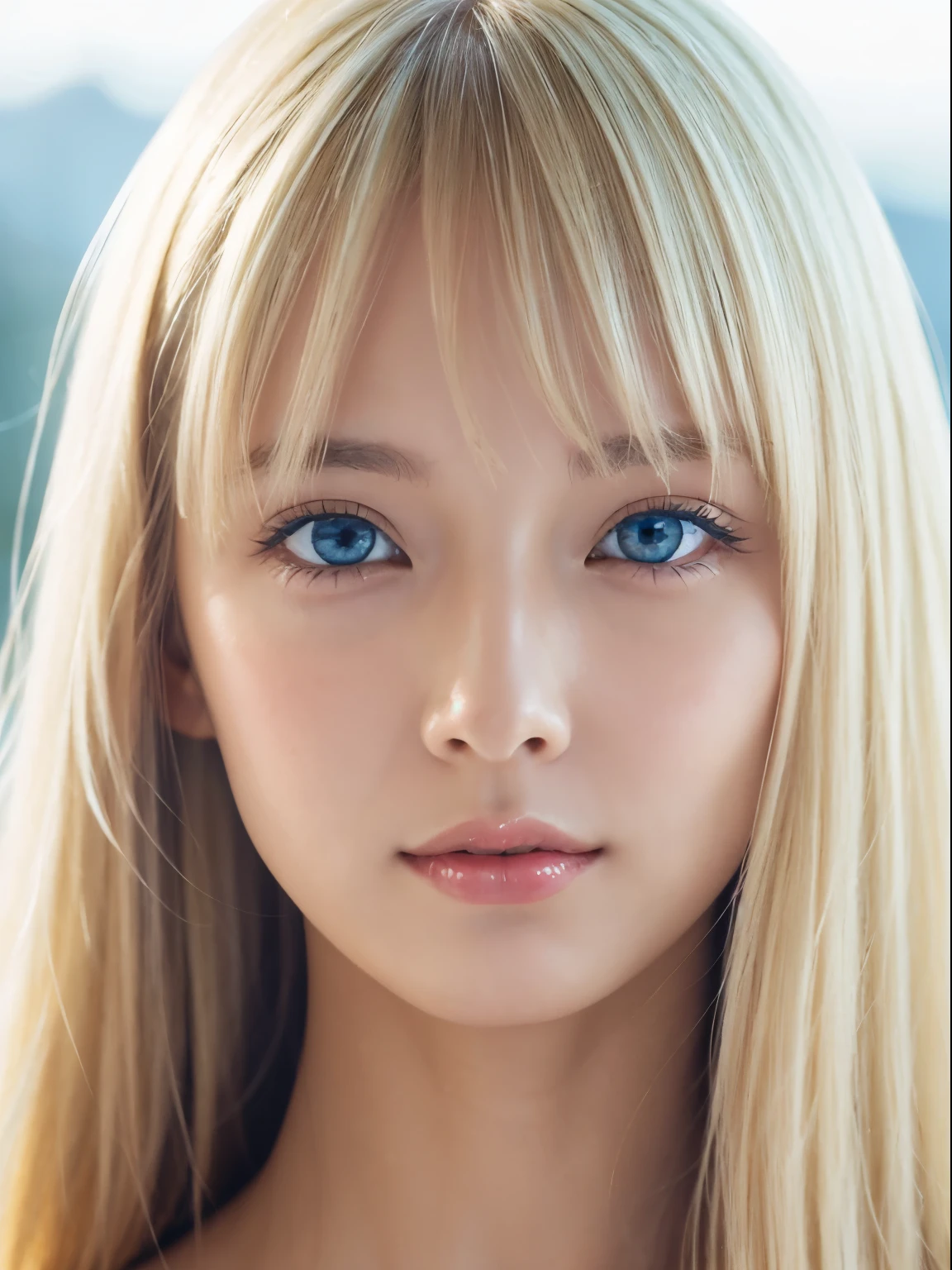 Transparent white glossy skin、Face gloss、Blonde with strong wind in front of pretty face、20 years old ridiculously cute sexy beautiful norwegian girl、Small Face Beauty、Shiny pale light blue eyes and details (Looking into the camera), SLR lighting, Single-lens reflex camera, super high quality, Sharpness, Depth of written boundary, Film Grain (center), Fujifilm XT3, Crystal Clear, Frame center, 完璧にBeautiful Face、Beautiful Face、Beautiful hair with sparkling bright straight blonde hair、Silk bangs between the eyes、Bangs hide the eyes, Sparkling pale blue eyes, Sexy super long blonde cute young woman with super long blonde shiny light hair