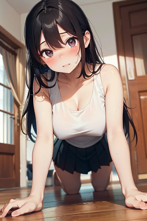 ((Highest quality)), ((masterpiece)), (detailed), Natural light，One Woman，16 year old pretty woman，Very sexy，Baby Face，young woman，Big ，Large Breasts，
Beautiful woman，Small face，Beautiful Face，Big eyes，Beautiful Eyes，Beautiful double eyelids，Beautiful teeth alignment，Beautiful body lines，Slender body，Beautiful Hands，Beautiful feet，Long hands，Long legs，Long and supple hair，Shiny Hair，Black Hair，Full Body Shot，Embarrassed expression，blush，Crying face，Mouth half open，From below,Beautiful shoulders，Beautiful clavicle、Looking down on a woman，Woman on all fours，（Sweat），((Steam 1.4))，Embarrassed expression，blush，humiliation，((White Tank Top 1.5))，Shoulder out，Beautiful shoulders，Beautiful clavicle，(((Valley 1.9)))，mini skirt，
