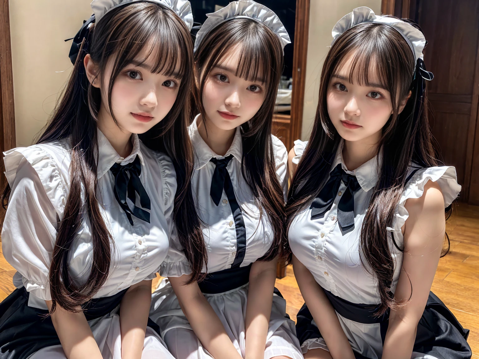 (2girls, twins:1.3), (beauty girls, delicate girls:1.3), (20 years old:1.3),
break, (cute maid uniform, ruffle blouse, pink ribbon tie, skirt:1.2),
break, (maid cafe:1.2),
break, very fine eyes, (symmetrical eyes:1.3),
break, (huge breasts:1.2), brown eyes, parted bangs, brown hair,
break, (eyes and faces with detailed:1.0),
break, (masterpiece, best quality, ultra detailed, detailed face, 8k)
