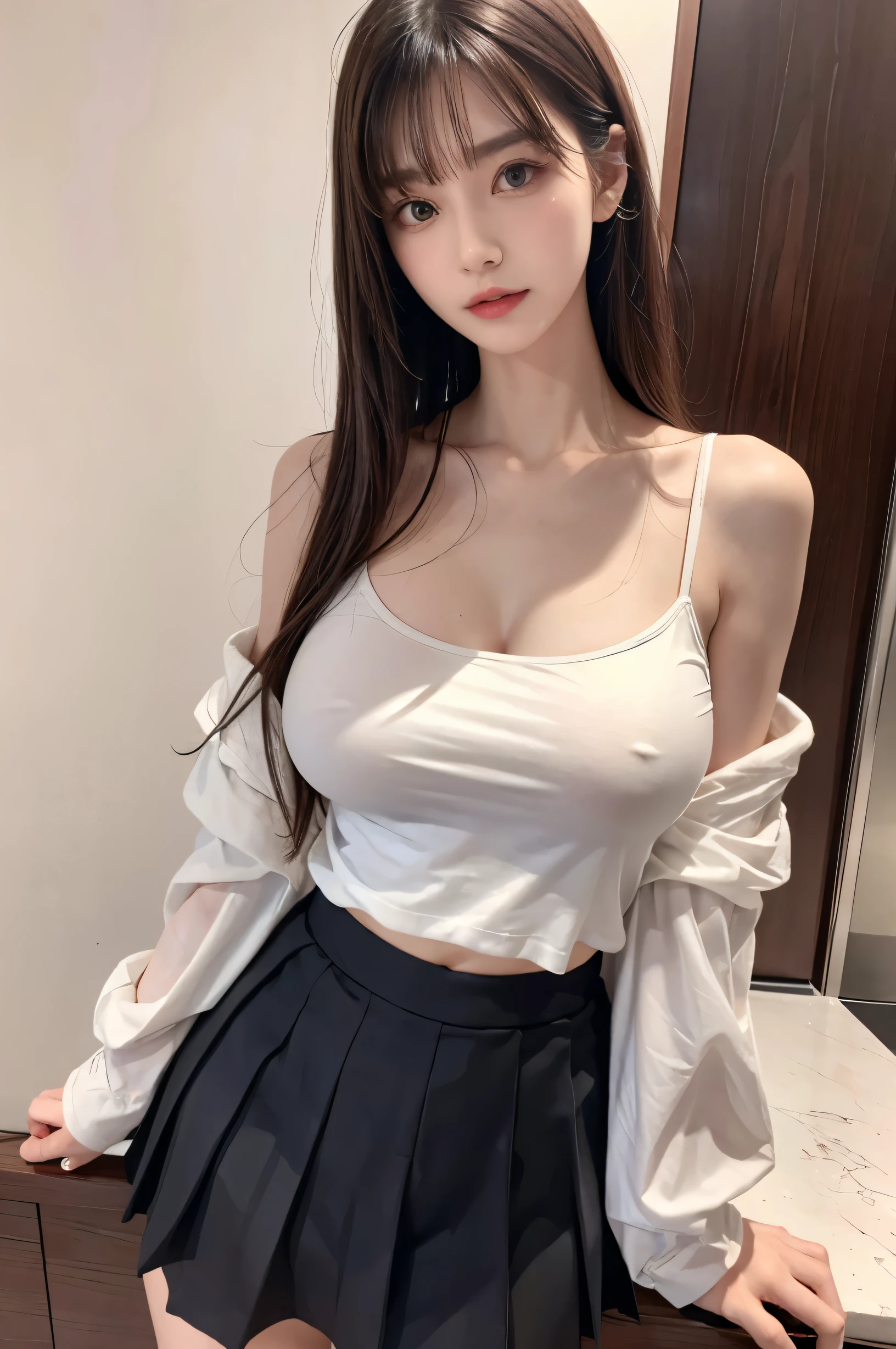 (ultra HD), (White sleeveless off-the-shoulder shirt, Black pleated mini skirt), (:1.5), (Slender:1.8), whole body, Standing posture, (Clean and shiny skin, Whitening, No makeup), (超Slenderな顔立ち, Super beautiful face, Delicate face), (long hair, Layered Cut, Fluffy hair,light brown), (Patchy double eyelids, Slanted Eyes), Small Nose, Thin lips, Thin legs, Neon Town