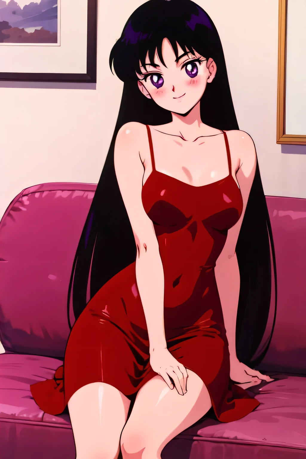 1990s \(style\), Best quality, masterpiece, Teenager, Rei Hino, Long black hair, purple eyes, Smile, Bare Neck, Bare Arms, Bare Shoulders, red dress, taut dress, spaghetti strap red skin tight dress, sleeveless, medium breast, sitting on a pink couch, blush, looking at viewer, indoor, in the center