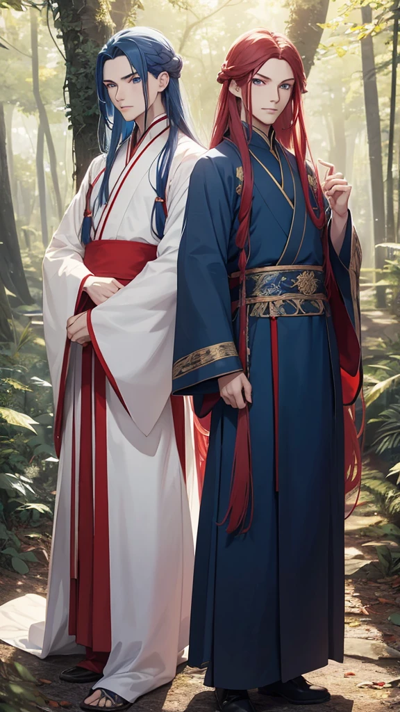 2 young men, without a beard, long blue hair, long red hair, blue eyes, Red eyes, White skin, Blue clothes, red clothes, China, Hanfu, In the woods