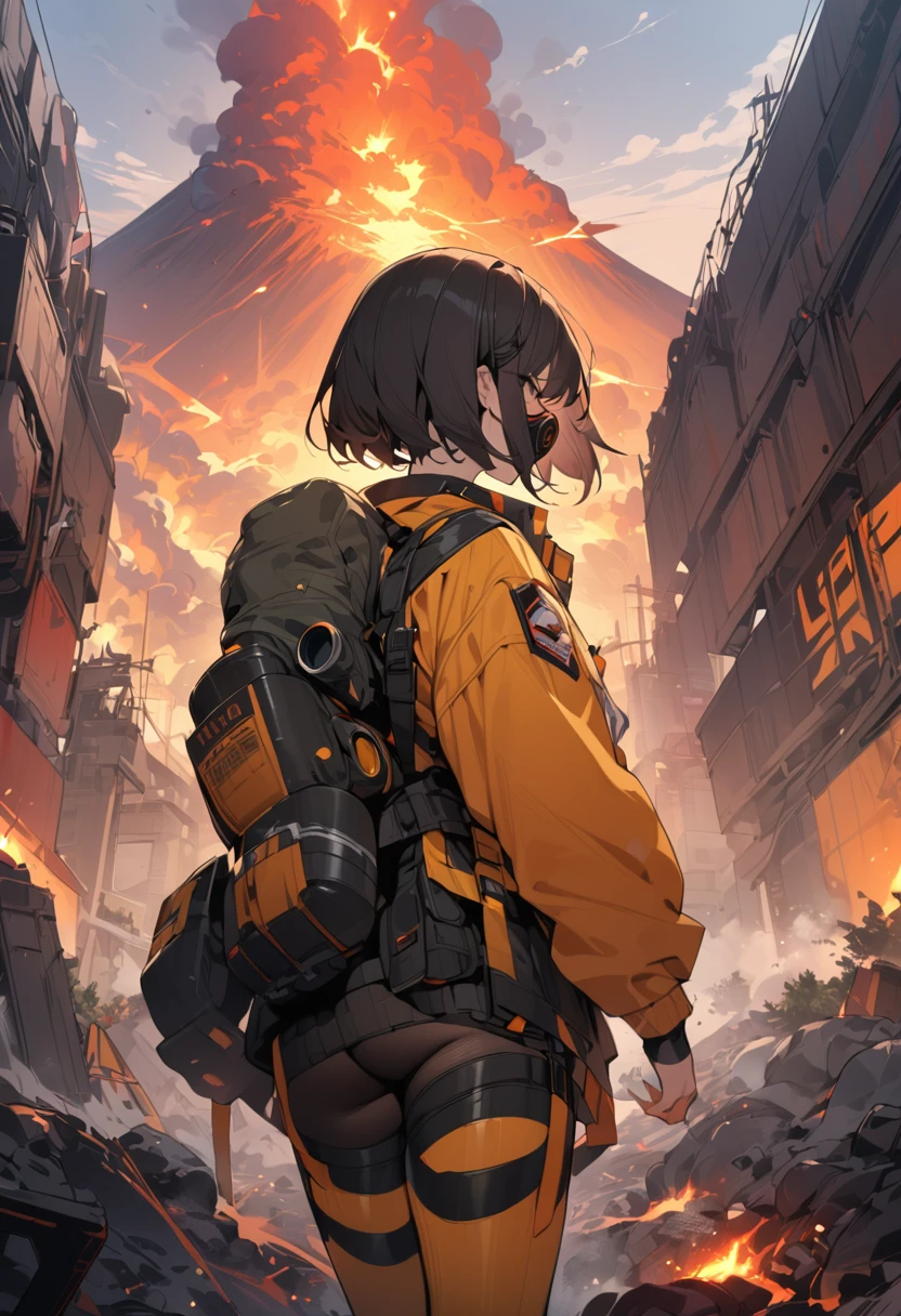 Woman wearing gas mask、Wearing protective clothing。danger zone、Near the volcano、Gas is boiling、((masterpiece,Highest quality)),One girl,Beautiful attention to detail,Short Hair、Dynamic composition