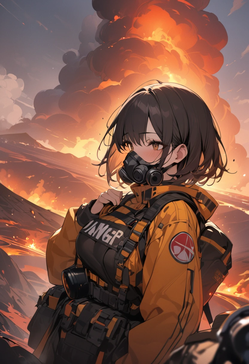 Woman wearing gas mask、Wearing protective clothing。danger zone、Near the volcano、Gas is boiling、((masterpiece,Highest quality)),One girl,Beautiful attention to detail,Short Hair、Dynamic composition