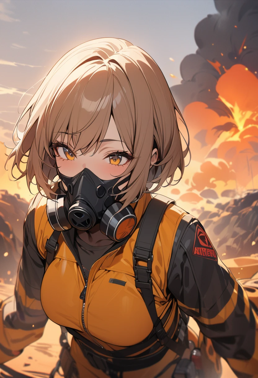 Woman wearing gas mask、Wearing protective clothing。danger zone、Near the volcano、Gas is boiling、((masterpiece,Highest quality)),One girl,Beautiful attention to detail,Short Hair、Dynamic composition