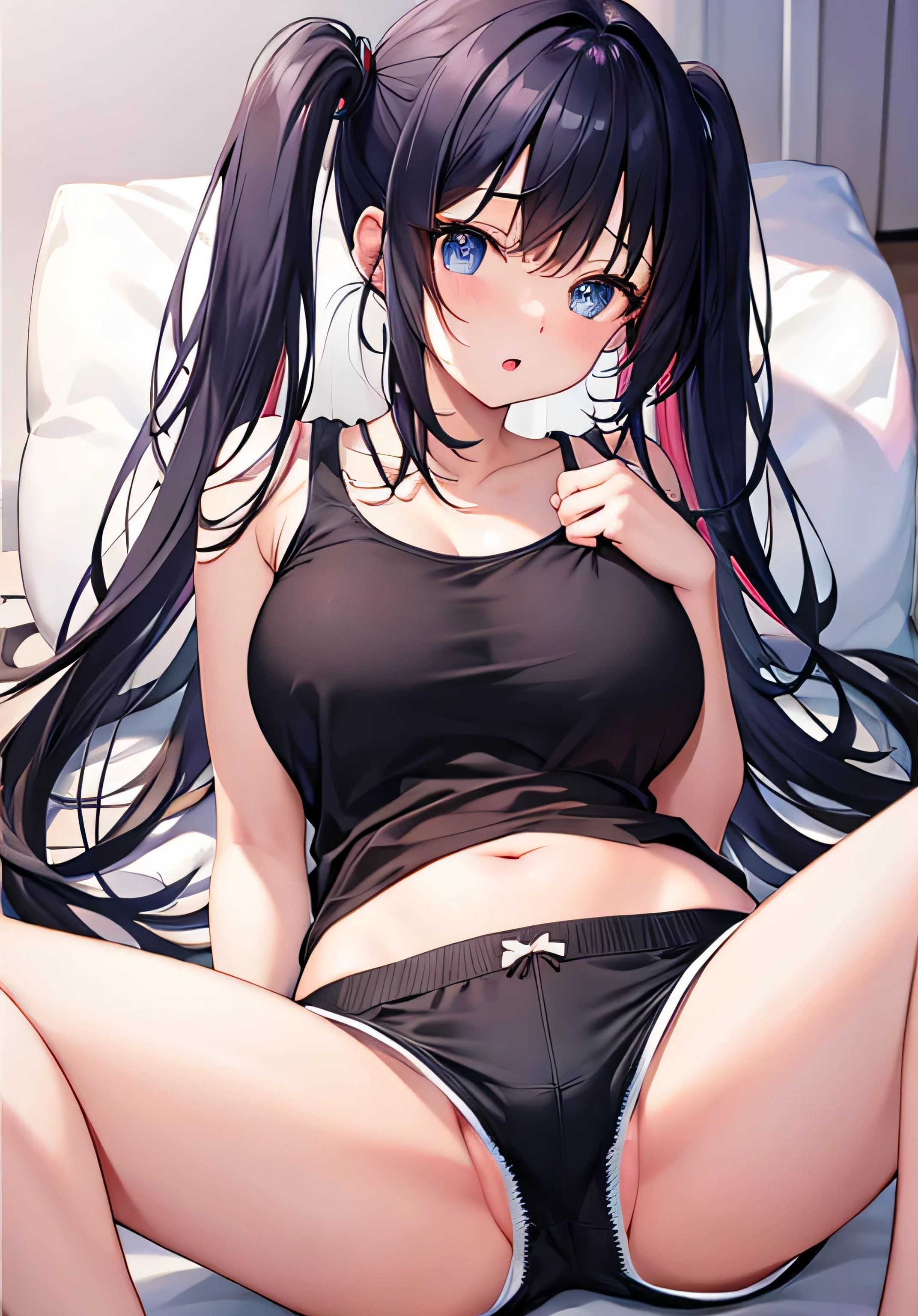 masterpiece、Highest quality、Ultra-high resolution、nsfw、 girl with big breasts、twin tail hairstyle、black hair、Red face、shyly、open your mouth just a little、white T-shirt、short lounge shorts、open your legs wide、spread your legs wide、sit on the sofa、(((Panties visible through the gap between the legs of her short lounge shorts)))、crotch area of her panties、panties、inside lounge room、at night time