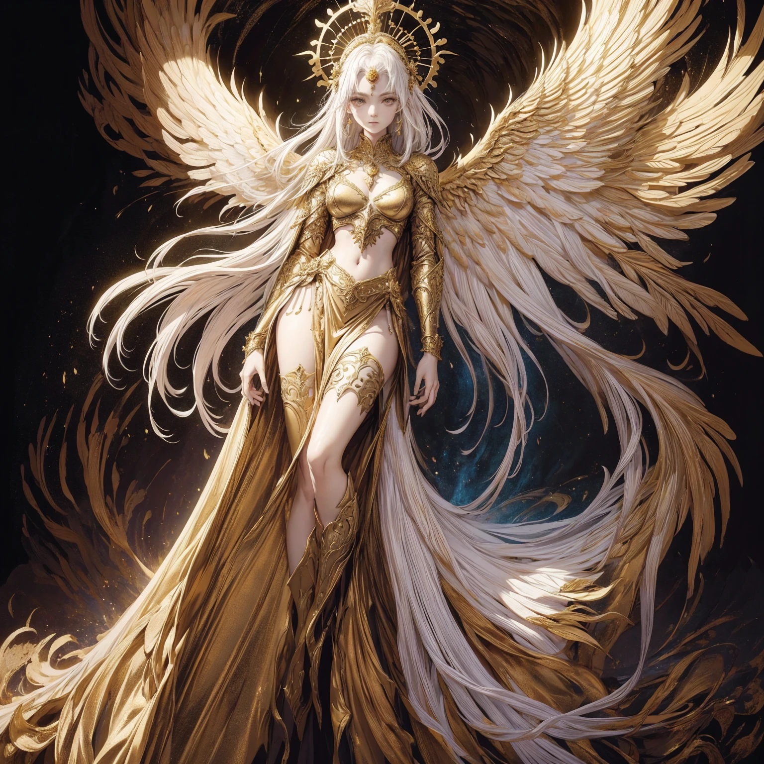 Art of Woman Wearing Sun Crown, Wearing a gorgeous golden breastplate that exposes a small amount of skin above the chest, Wearing a gorgeous golden skirt, A pair of giant angel wings taller than the body spread out behind the woman., ancient goddess art, Sacredness. Very detailed, Mysterious inspiration, Inspiration from the Sun God, Religious inspiration, Cold and snobbish face, Dangerous expressions, White hair, Standing, Full body portrait, Gothic art style, Weird art style, Occult art