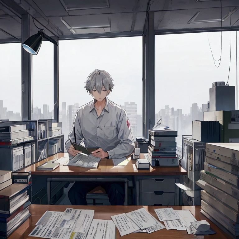 Grey haired old man。Early morning at the office、Depicts a scene of Keiichi Tanaka looking over market research materials alone。Tanaka stares at the market trend reports for various countries around the world spread out on his desk.、Taking notes on eco-technology、Looking for new ideas。In the dim light、The desk lamp illuminates Tanaka's serious expression.、There are papers and notes scattered all around.。From the office window behind him、With the silence before dawn、The light that makes you feel the beginning of a new day shines in.。