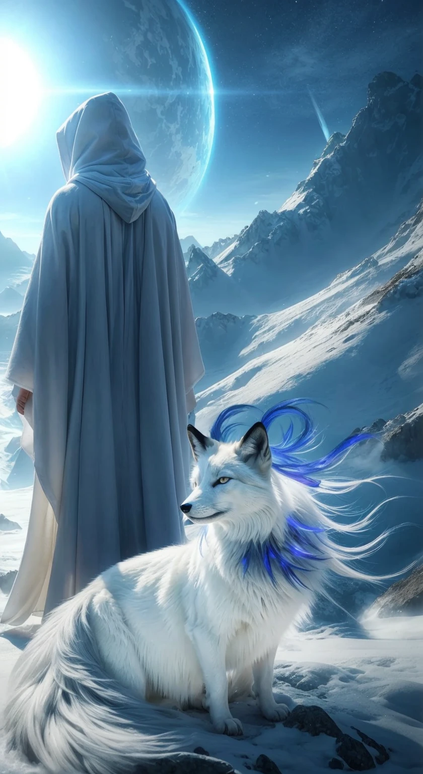 Complete and very real image. On an unknown planet there is a being of light, dressed in a white hooded robe, his face cannot be seen, he is accompanied by an animal similar to a snow-white fox with long indigo blue locks on his head and extends towards its back, amber eyes. They are standing on a snowy mountain, he has the power to dominate the water. Photorealism, full view, very detailed image, very realistic, hyperrealism, cinematography, Ultra HD, 8k, Unreal Engine 5, sharp focus, intricate and mysterious masterpiece. (Long exposure photography Highly detailed, high-detailed close-up portrait art illustration - Final quality medium shot, backlit, rich and eye-catching. Enigmatic and mysterious manipulations (rule of thirds composition), ((detailed environment with lines strong), Better quality, on camera, white light, warm and clean aesthetics, dazzling screen composed of millions of bright ultraviolet lights, HDR.