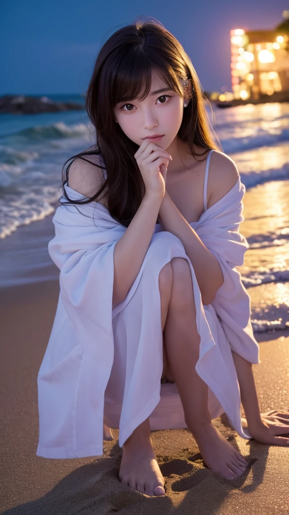 Beautiful woman watching the stars on the beach at night and the sound of waves ,One girl,Nahida_Genshin Impact, Cruciform pupil,