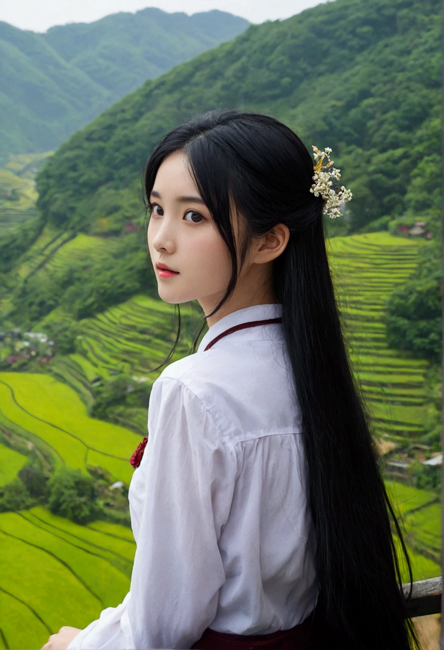Black Hair、Long Hair、Fair skin、Age 25、girl、The valley is visible