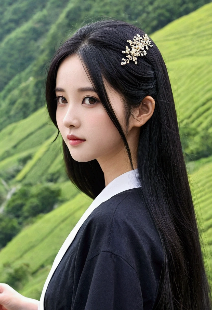 Black Hair、Long Hair、Fair skin、Age 25、girl、The valley is visible