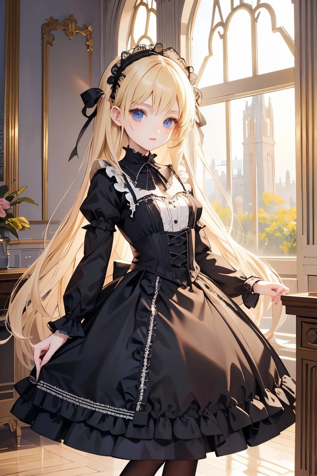 masterpiece,Highest quality,Very detailed,beautiful girl,Gothic ta Dress, teen, (full body),Blonde,Perfect Face,Beautiful and detailed eyes,Beautiful Skin,skinny,Dynamic,palace,