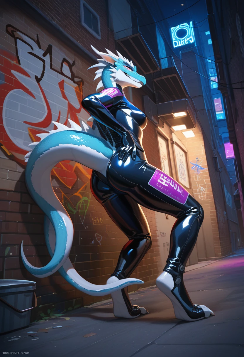 animation, Highest quality, Highest quality, High quality illustrations, masterpiece, Ultra-high resolution, Detailed Background, Alley, night, wall graffiti art, Absurd, Perfect Anatomy, performance, Good lighting, Shadows in the movies(kemono, Furry Personifi猫ion), Lizardman, Long dragon tail, Blueskin, Rubber Suit, latex, neon, neonライト, neonカラー, Bodysuits, Cyber Suit, Mech Suit, cyber punk, Put your hands on the wall, Stick your butt out, Dynamic Angle
