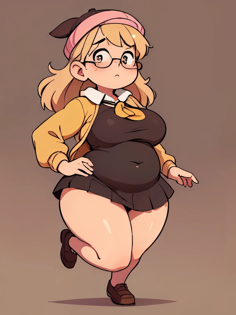 Drawing of an obese, bottom heavy blob, teenage girl with rosy cheeks; brown eyes; creamy blonde hair. She is wearing rounded black dress shoes; she has very muscular, toned feet. Her legs, belly, waist and hips are fat, meaty, engorged, slobby, Rubenesque and plump. She is wearing a yellow cardigan, a beanie, circular glasses, a brown miniskirt and a pink kawaii beret. She is posing as if she is uncomfortable. She is farting brown clouds and sweating heavily.
