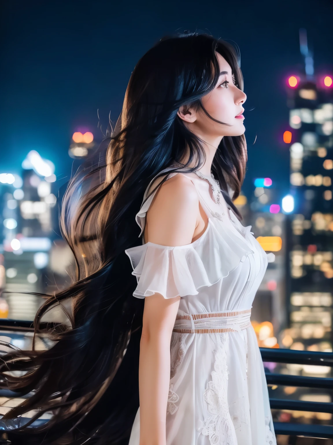 beautiful japanese girl Intricately colored detailed hair Long hair blowing in the wind black hair Detailed and complete profile natural makeup detailed beautiful eyes white dress Standing on top of a skyscraper Overlooking a big city at night. very big moon professional lighting professional photographer