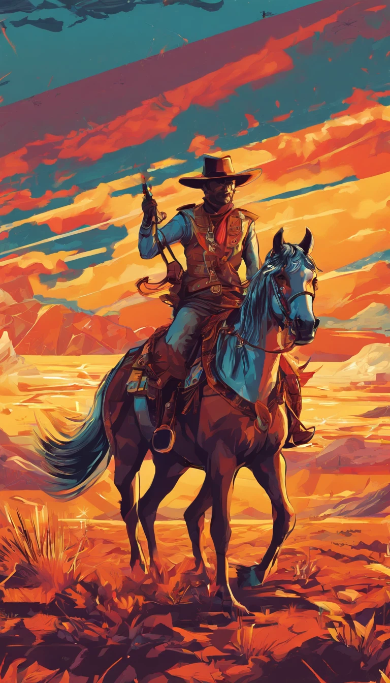 detailed cowboy on horse in prairie, beautiful colorful sunset, hyperrealistic, 8k, highly detailed, studio lighting, photorealistic, dynamic composition, dramatic lighting, vibrant colors, golden hour, dramatic sky, intricate details, depth of field, volumetric lighting, cinematic mood, epic scale, stunning realism, masterpiece