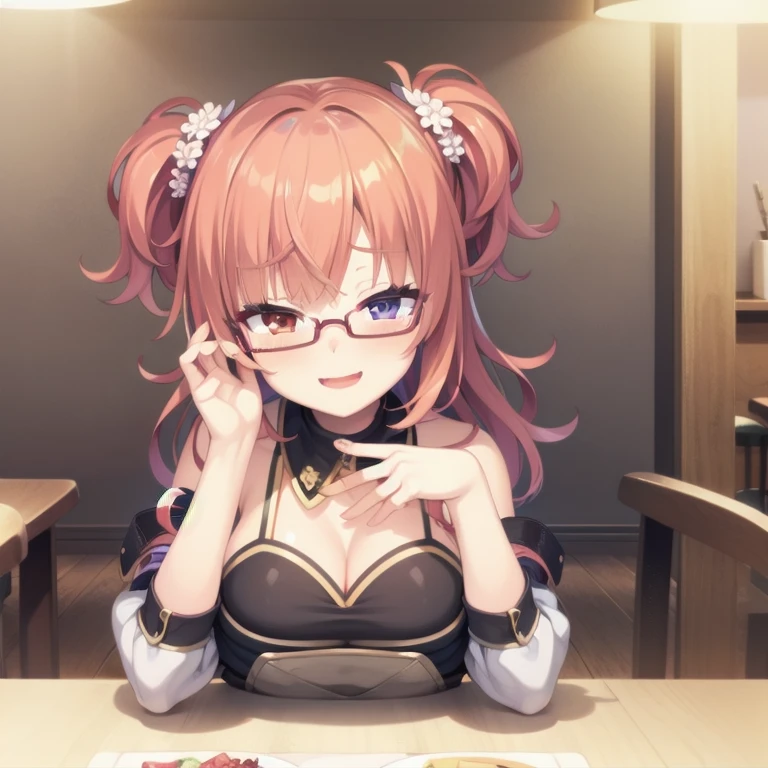 (Tabletop:1.0), (highest quality:1.4), (High resolution:1.2), From the side,Sharp contours,  boyish, highest quality, masterpiece,Glasses,Voice of the Heart,20-year-old woman,yandere,Big Breasts,Chest to chest,Lying face down,Upper Body,Ecstasy,blush,Squint your eyes,Heterochromia iridis