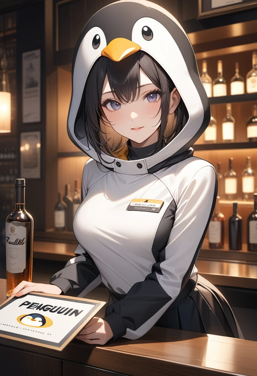 A woman serving customers at the bar counter, She is wearing a penguin costume, In the bar, ((Highest quality)), ((masterpiece)), (Familiar), Perfect Face, Skirt cowboy shot,Holding a sign in front of the chest,Sexy Woman, Medium chest,, ((Upper Body)), close,