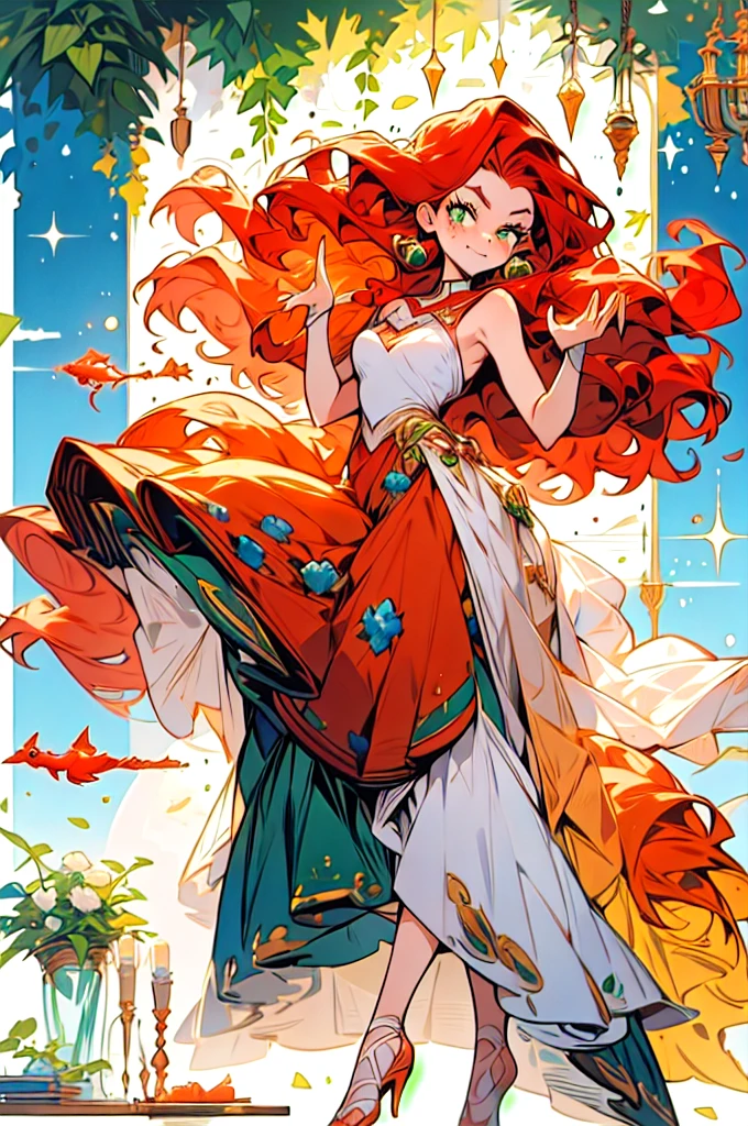 A woman with red hair and green eyes. and has light freckles *manhua* *bokunoheroacademia* First arabesque: Right arm forward, left leg back with friends *boku no hero academia* Dressed as a ballerina. There is a warm atmosphere around her hair is long and wavy with glamorous make-up