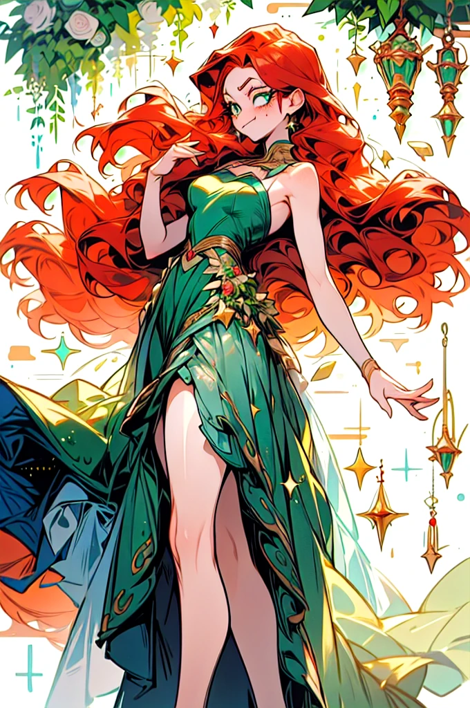 A woman with red hair and green eyes. and has light freckles *manhua* *bokunoheroacademia* First arabesque: Right arm forward, left leg back with friends *boku no hero academia* Dressed as a ballerina. There is a warm atmosphere around her hair is long and wavy with glamorous make-up