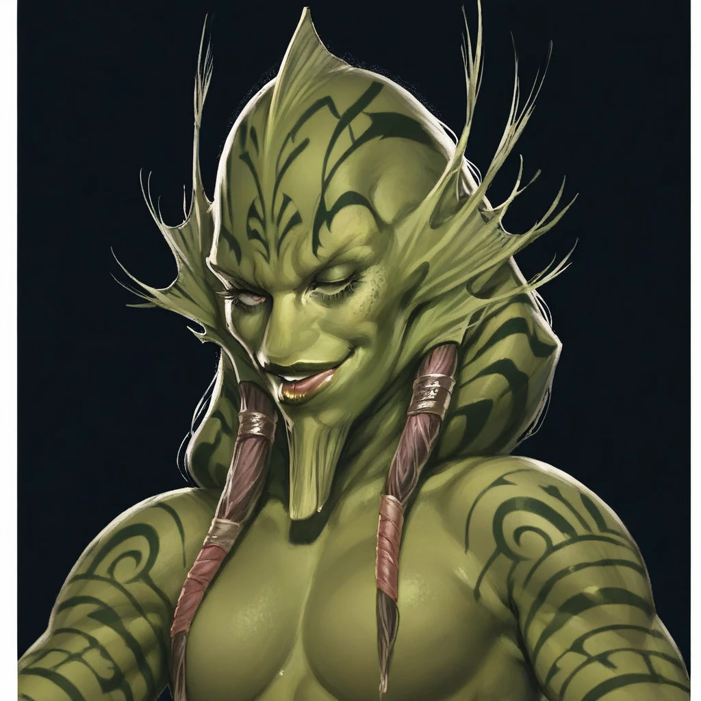 a muscular extraterrestrial woman from Star Wars, green skin, detailed tattoos, 1girl, bust, nude, naked, futa, big lips, big , sexy smile, moan, photorealistic, 8k, hyper detailed, cinematic lighting, dramatic rendering, concept art style,licking 