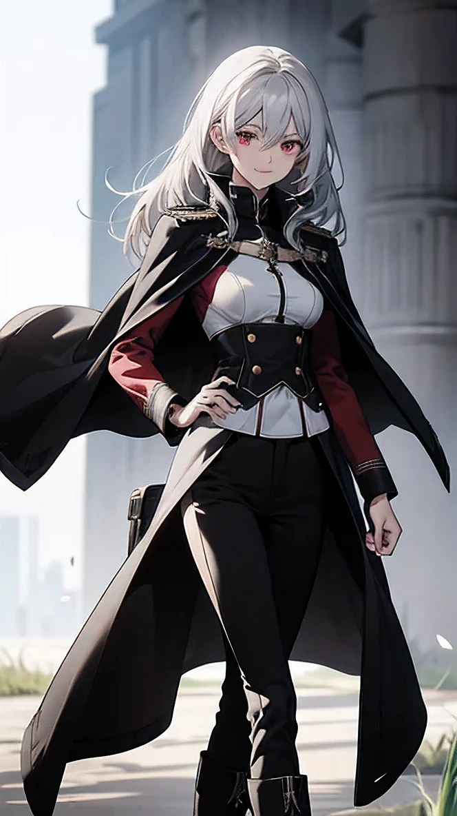 (Confused, High resolution, Very detailed), 1 female, Silver Hair,Shortcuts,Bright red eyes,White and black military uniform,24th generation,beauty,mature,thin,quiet,Calm,A small smile,A kind smile,Embarrassed smile,In front of the person I like,Long Cape,Slender and thin,boots,skinny pants,grassland,Small breasts,