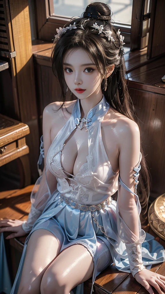 Luminescence, ((cowboy shot)), ((Shoot at random angles)), ((Visible cleavage)), ((E Cup)), ((Type I Valley)), ((Warm colors)), Long-distance shooting, A beautiful woman,Elegant Posture,((Side sitting,Legs bent at one side)),fit。Her legs are thin and straight,Perfect diagonal composition。Gently tilt your head to one side,Long blond hair falls naturally,Touch her shoulders gently。Soft colors,In stark contrast to her fair skin。The skirt sways gently,As if swaying in the breeze。Her eyes are gentle,There was a faint smile on the corner of his mouth。The whole picture looks very harmonious and beautiful