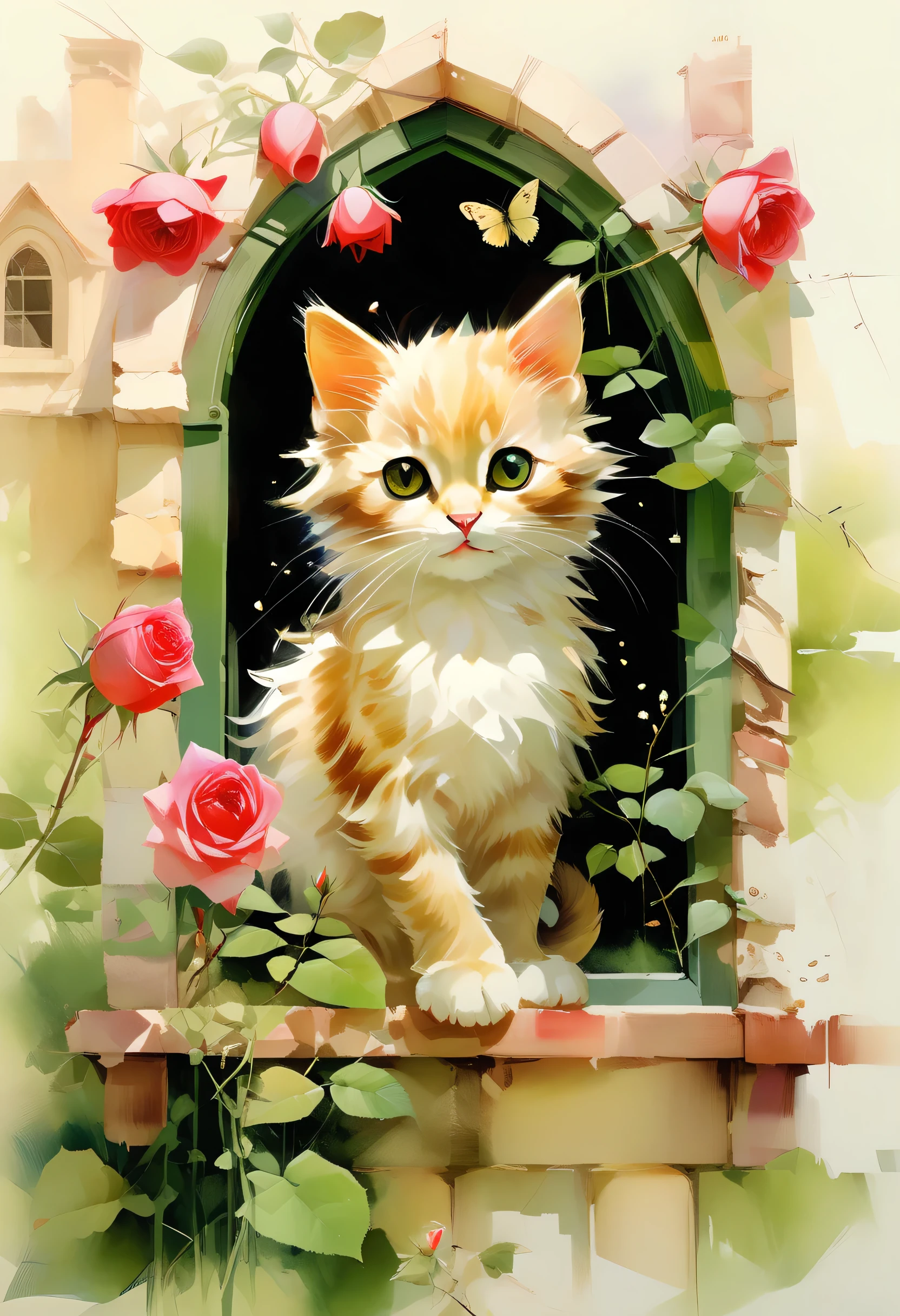 Filled with red roses、A lot of roses、Rose bud、Rose petalany wild roses on the screen、There is a green wooden framed window in the middle.、In the window, a black kitten is looking at the viewer、fairy tale、Inspiring composition、Lots of roseasterpiece、Detailed depiction、Watercolor、