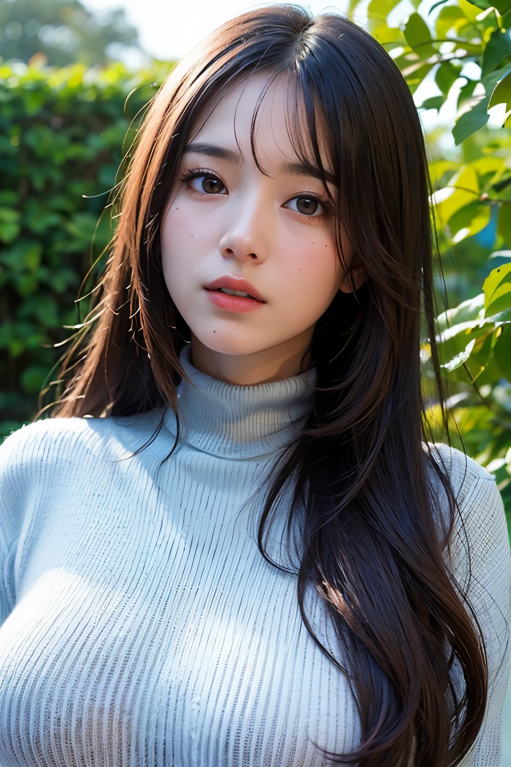 (Highest quality, 8k, 32K, masterpiece, Ultra-high resolution:1.2),
((Face close-up:1.4))、Portraiture、
Cute Japanese Girl, (Huge breasts:1.3), Long black hair, bangs, Bulging lips、
(White turtleneck sweater), Tight waist, (Outdoor, garden, blue sky),