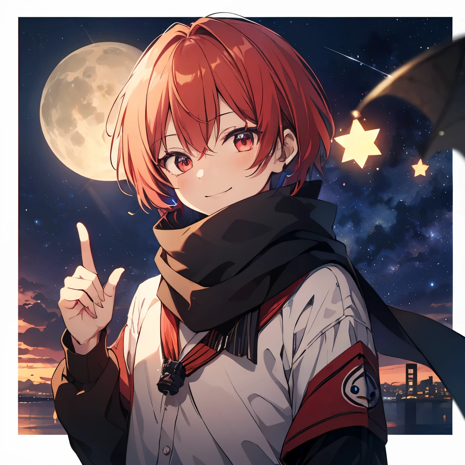 (Highest quality), (masterpiece), 1080P, High resolution, 4K, 8k, boy, Red hair, Red Eye, short hair, devil, devil, black Parker, Upper Body, Lock, Night Sky, Starry Sky, shooting star, Kunai, smile, scarf, mini, chibi,