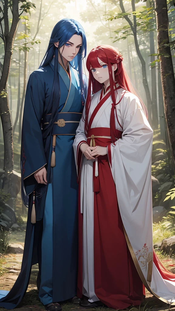 2 young men, without a beard, long blue hair, long red hair, blue eyes, Red eyes, White skin, Blue clothes, red clothes, China, Hanfu, In the woods