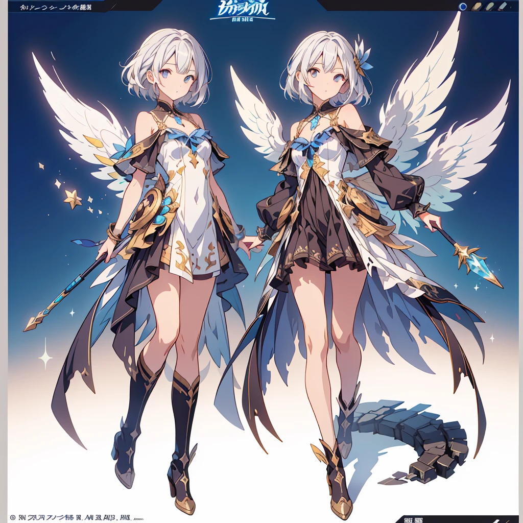 1girl、(((Highest quality、Masterpiece、Official Art、The best dynamic composition、Super detailed)))、(Fine hair), Very detailed, Anime Style, whole body, alone, Star Fairy, Small transparent feather, A large star-shaped magic wand, White hair and brown skin, high boots, Floating in the blue sky, High heel boots, 8K high resolution, White Background, whole body,