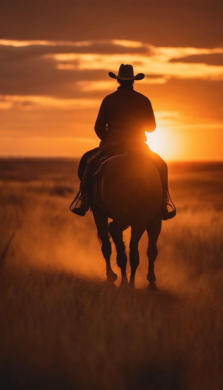 detailed cowboy on horse in prairie, beautiful colorful sunset, hyperrealistic, 8k, highly detailed, studio lighting, photorealistic, dynamic composition, dramatic lighting, vibrant colors, golden hour, dramatic sky, intricate details, depth of field, volumetric lighting, cinematic mood, epic scale, stunning realism, masterpiece