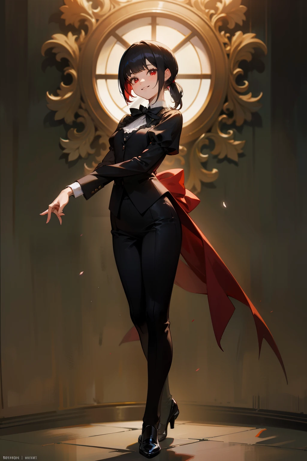 butler outfit, short black hair, pony tail, maroon red eyes, bangs, Gothic art, full body shot, elegant pose, smile, Romanticism, masterpiece, anatomically correct, high quality, super detail, best quality, 4K, 8k