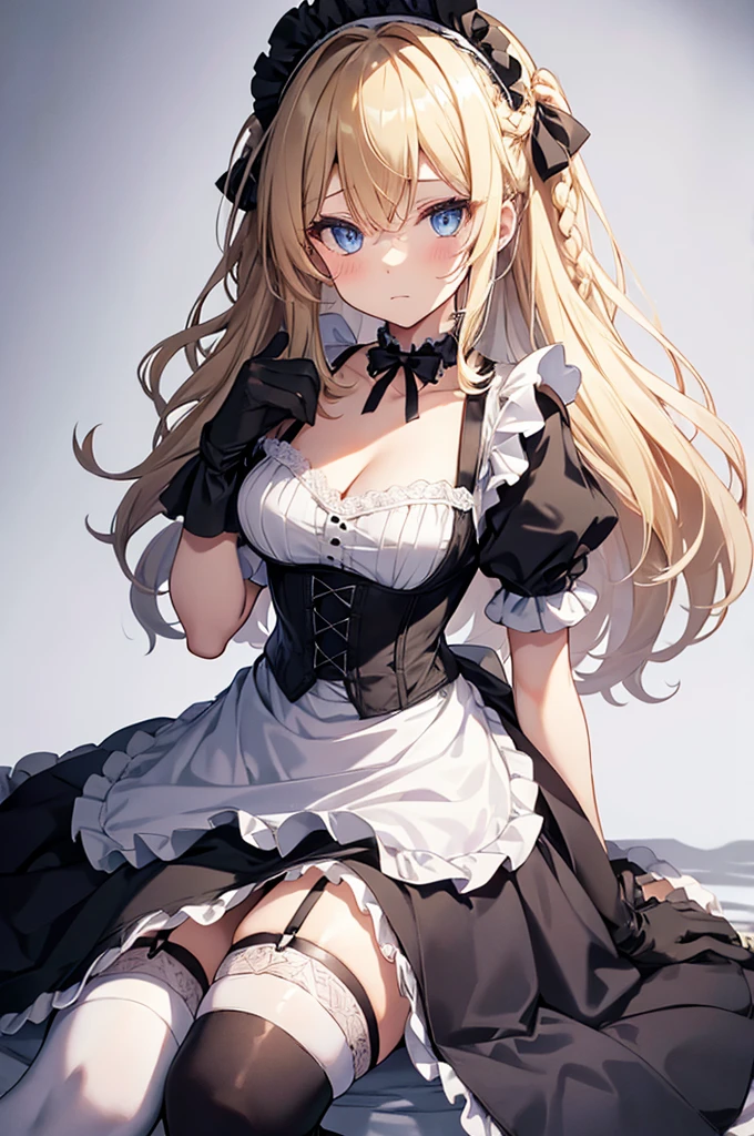 1girl, solo, long hair, breasts, looking at viewer, bangs, blue eyes, blonde hair, simple background, thighhighs, gloves, white background, dress, bow, cleavage, hair between eyes, medium breasts, sitting, closed mouth, collarbone, braid, short sleeves, frills, alternate costume, choker, black gloves, elbow gloves, puffy sleeves, belt, black thighhighs, apron, black dress, puffy short sleeves, maid, maid headdress, single braid, chain, garter straps, waist apron, lace trim, white apron, corset, maid apron, enmaided, underbust, long braid