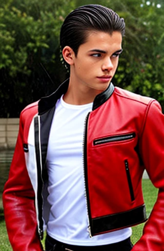 Leather jacket, SWAT, toned body, cool handsome young teenager, wet himself, embarrassed, red face